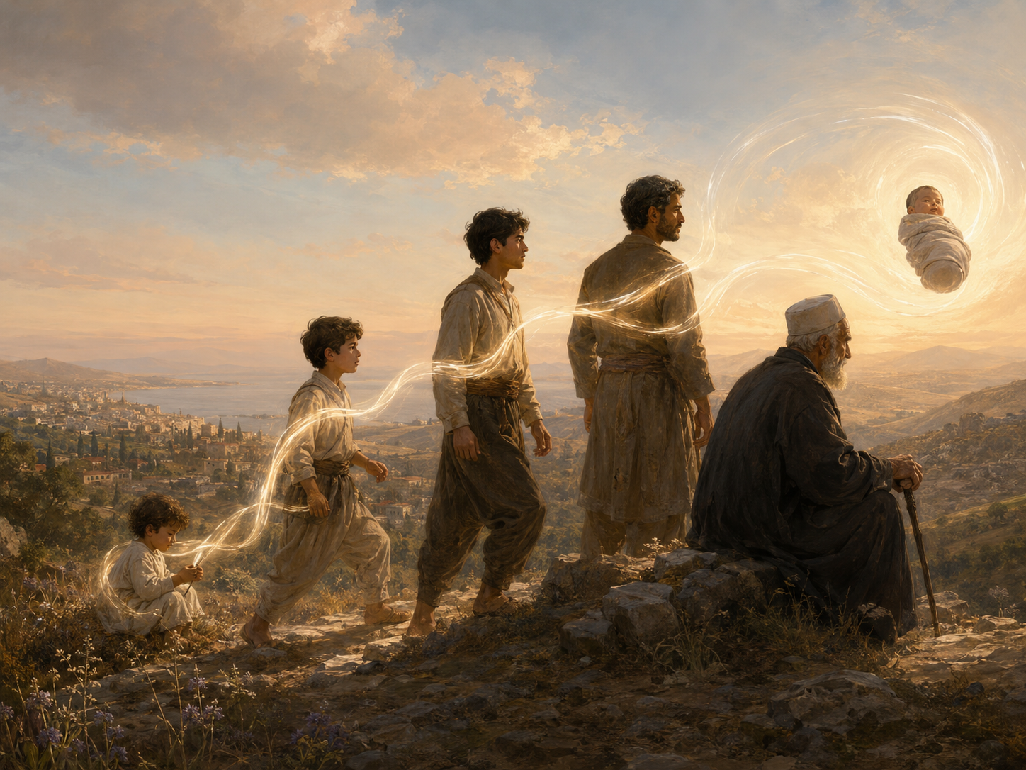 Painting illustrating the transmigration of the soul across successive bodies