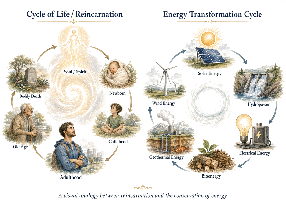 Two facing diagrams. On one side, the cycle of energy transformation: solar, hydroelectric, electrical, biomass, geothermal and wind power. On the other, the cycle of life and the transmigration of souls: the soul, birth, childhood, adulthood, old age and physical death.